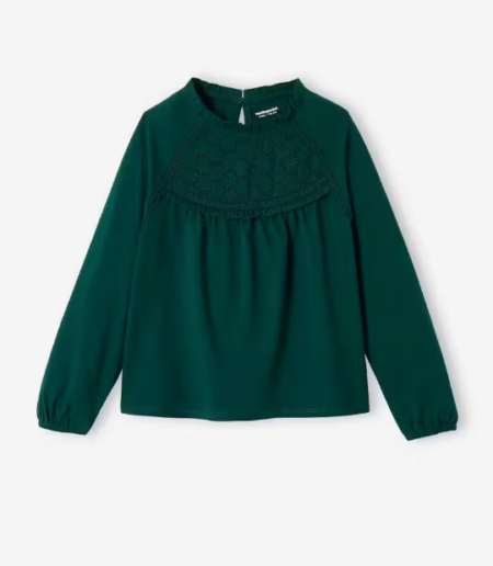 Verbaudet - blouse fille détail broderie anglaise manches longues - vert foncé