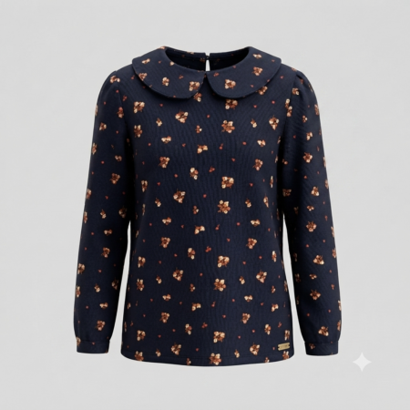 Gemo - Blouse bleu marine à fleurs avec col Claudine