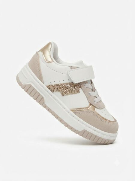Baskets-enfant blanches et beige à scratch avec détails pailletés dorés
