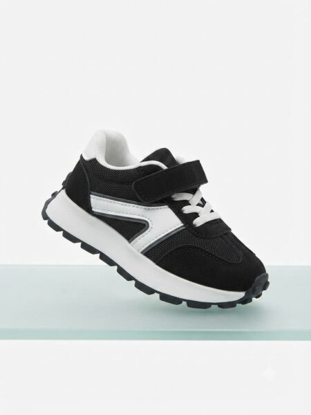 Baskets-Enfant Noires & Blanches à Scratch – Sportives, Légères et Confortables