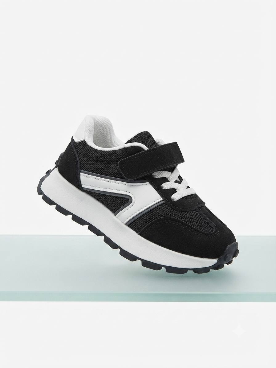 Baskets-Enfant Noires & Blanches à Scratch – Sportives, Légères et Confortables