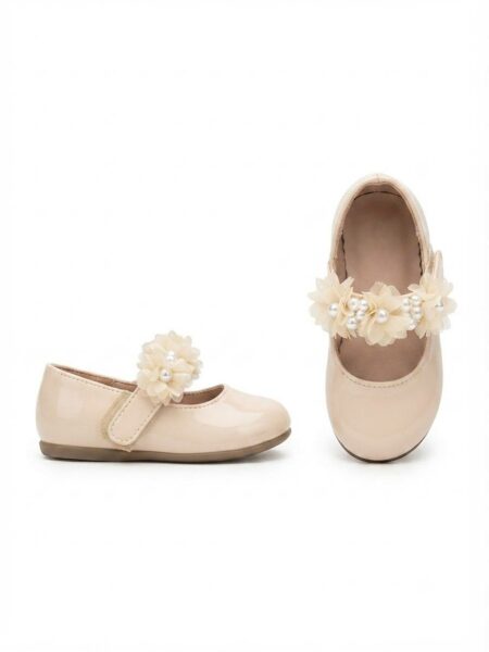 Dorimi-Ballerines vernies beige et rose pour fille avec fleurs et perles – Élégance de cérémonie