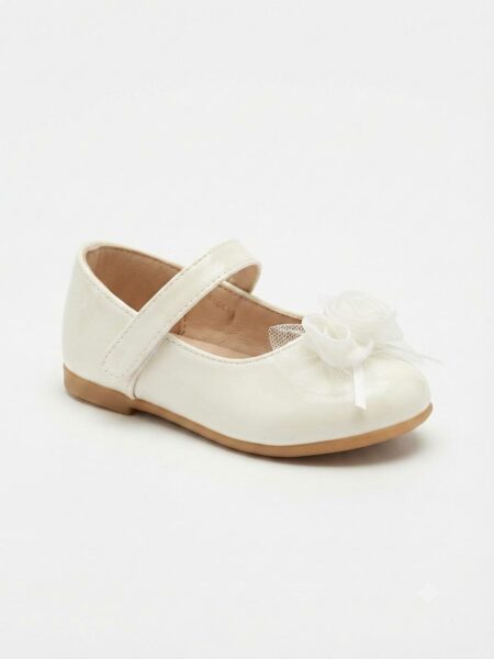 Ballerines Élégantes pour Fillette – Blanc Verni avec Fleur Décorative