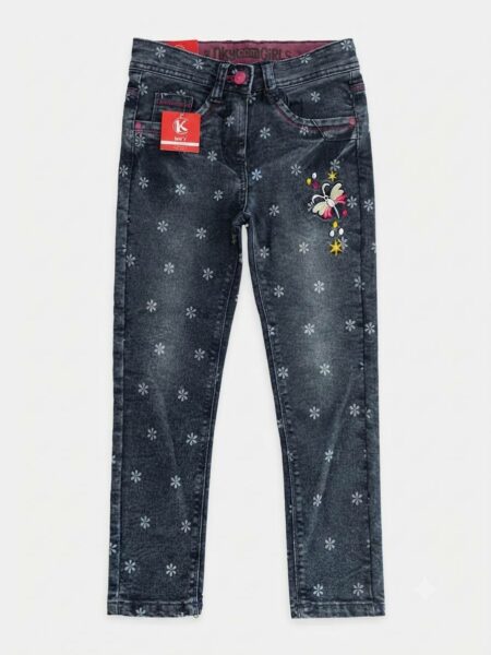 Jean bleu foncé à motifs fleuris pour fille