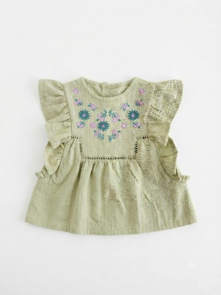 Sergent majour-Blouse fille brodée à volants – Vert sauge