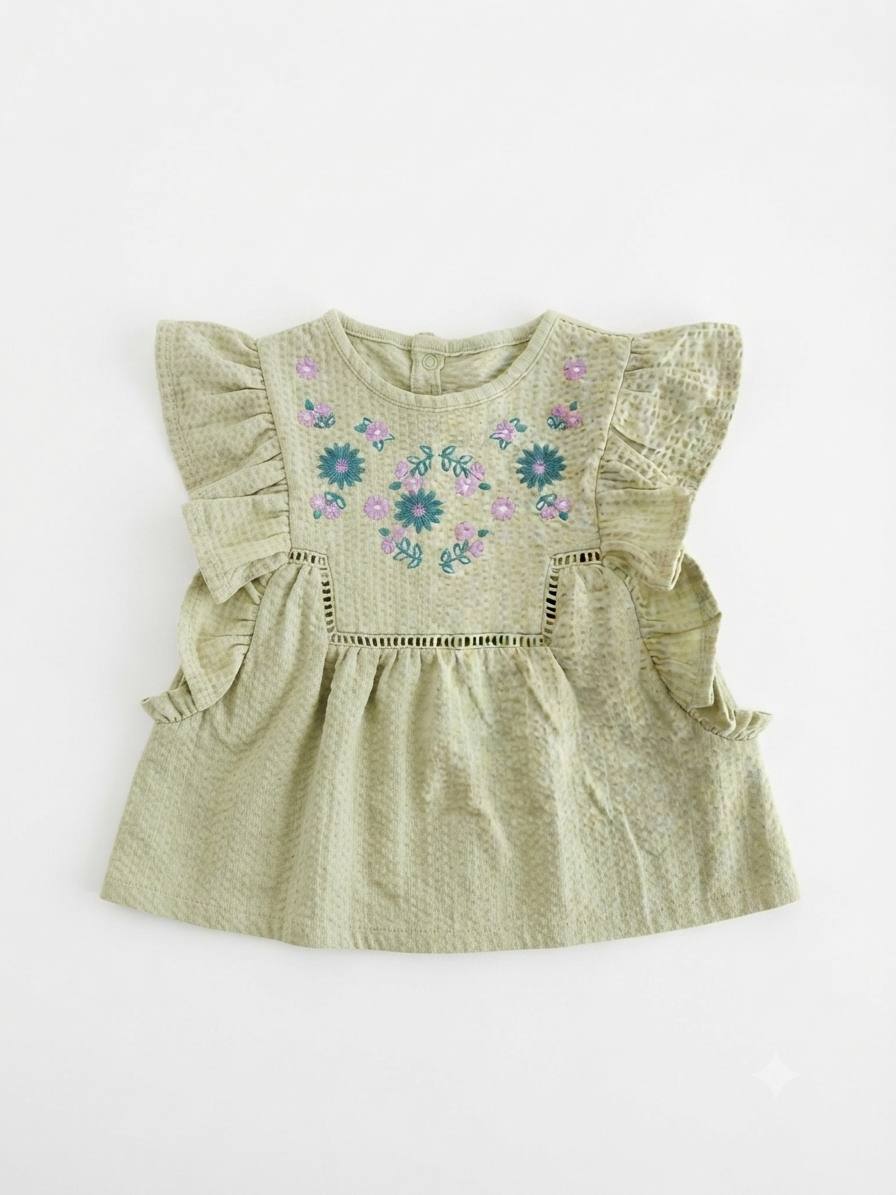 Sergent majour-Blouse fille brodée à volants – Vert sauge