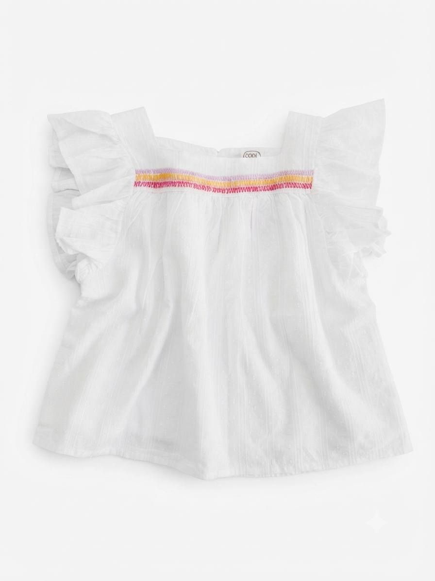 Coolclub- Blouse fille blanche à volants avec détails colorés