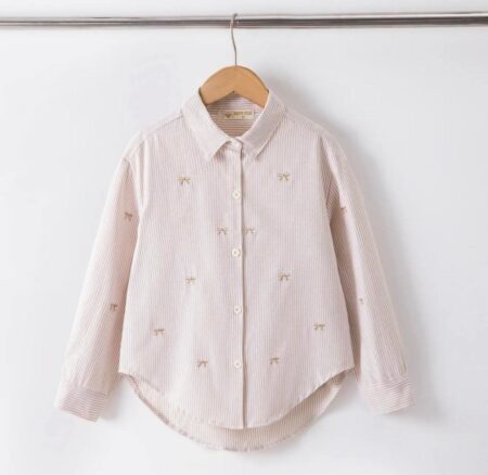 Chemise fille à rayures avec broderies – Beige
