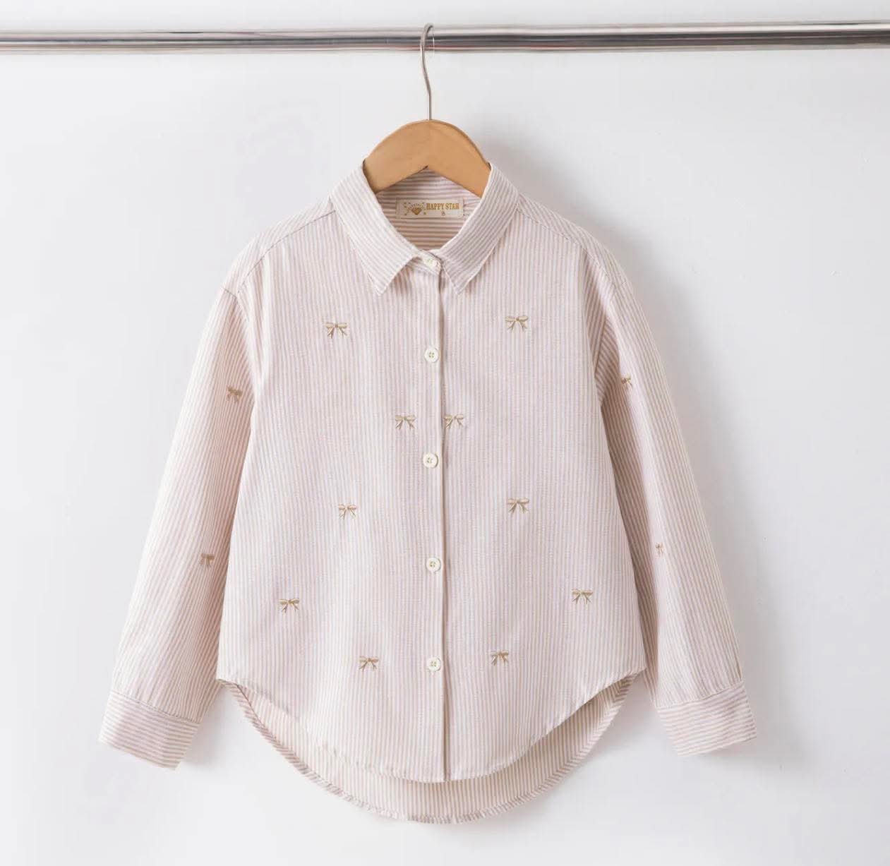 Chemise fille à rayures avec broderies – Beige